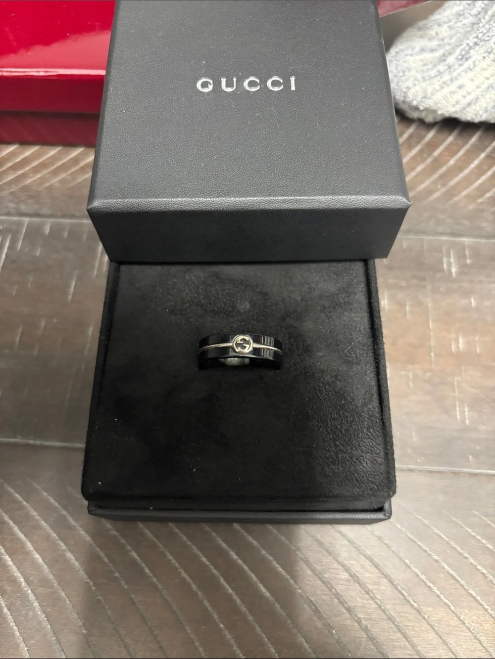 Gucci Black Double-Band Ceramic Ring with Gold Interlocking G